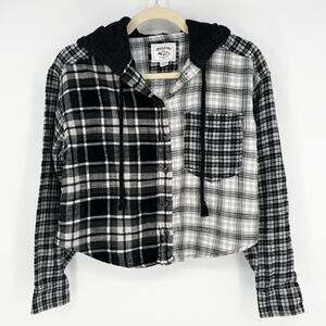 American Eagle Black and White Oversized Plaid Cropped Hoodie Size XS